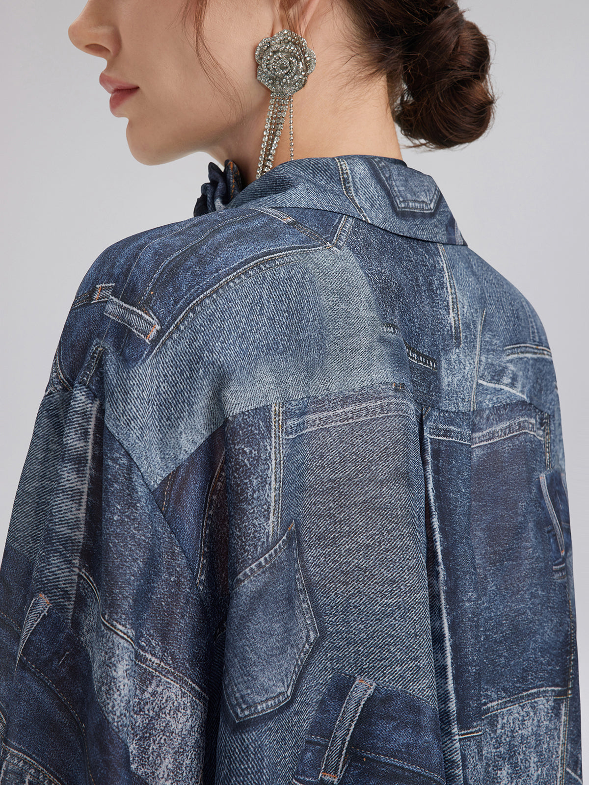 Silk Chiffon Denim-Print Shirt