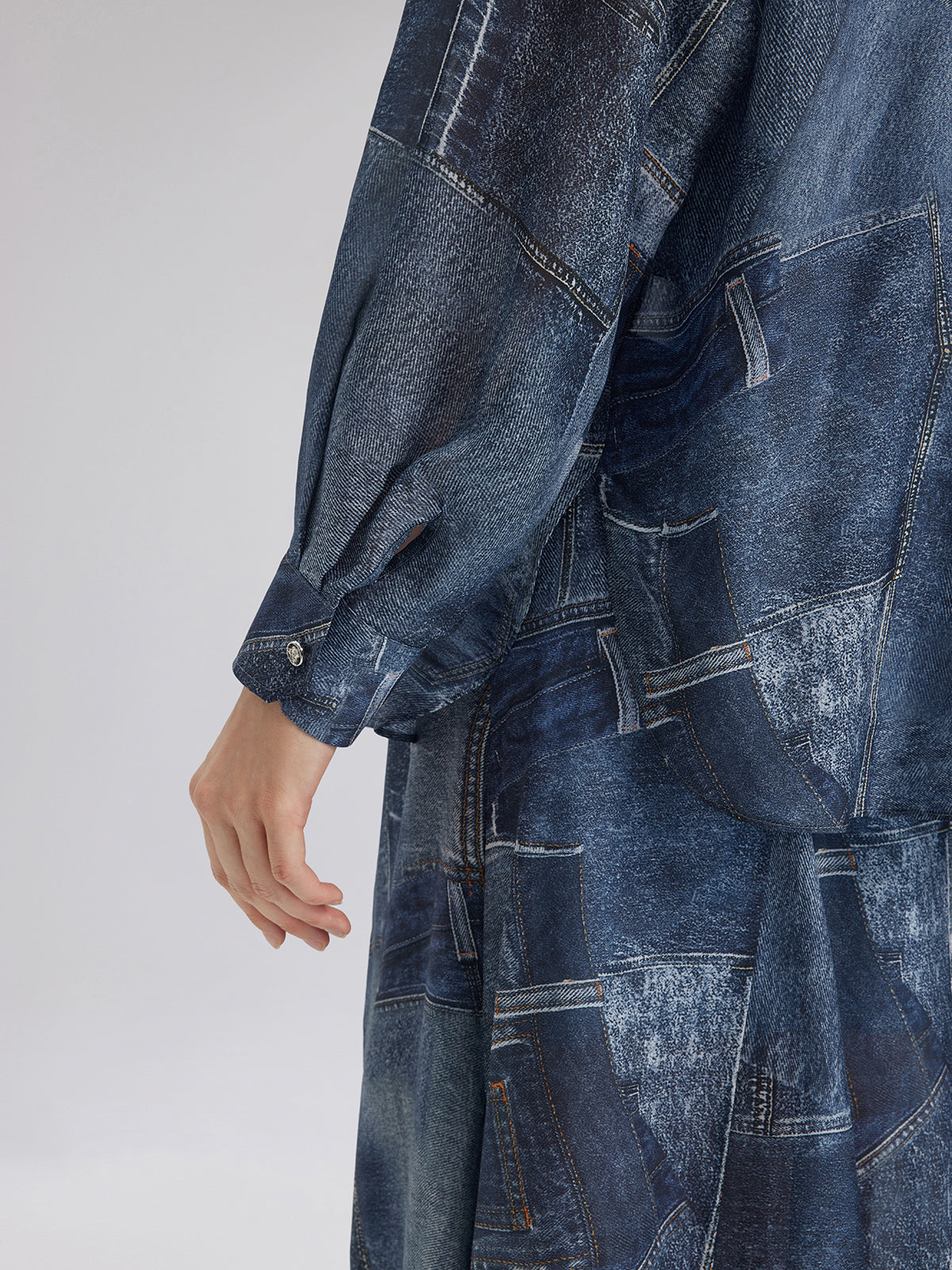 Silk Chiffon Denim-Print Shirt