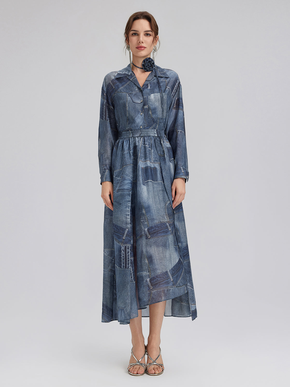 Silk Chiffon Denim-Print Shirt