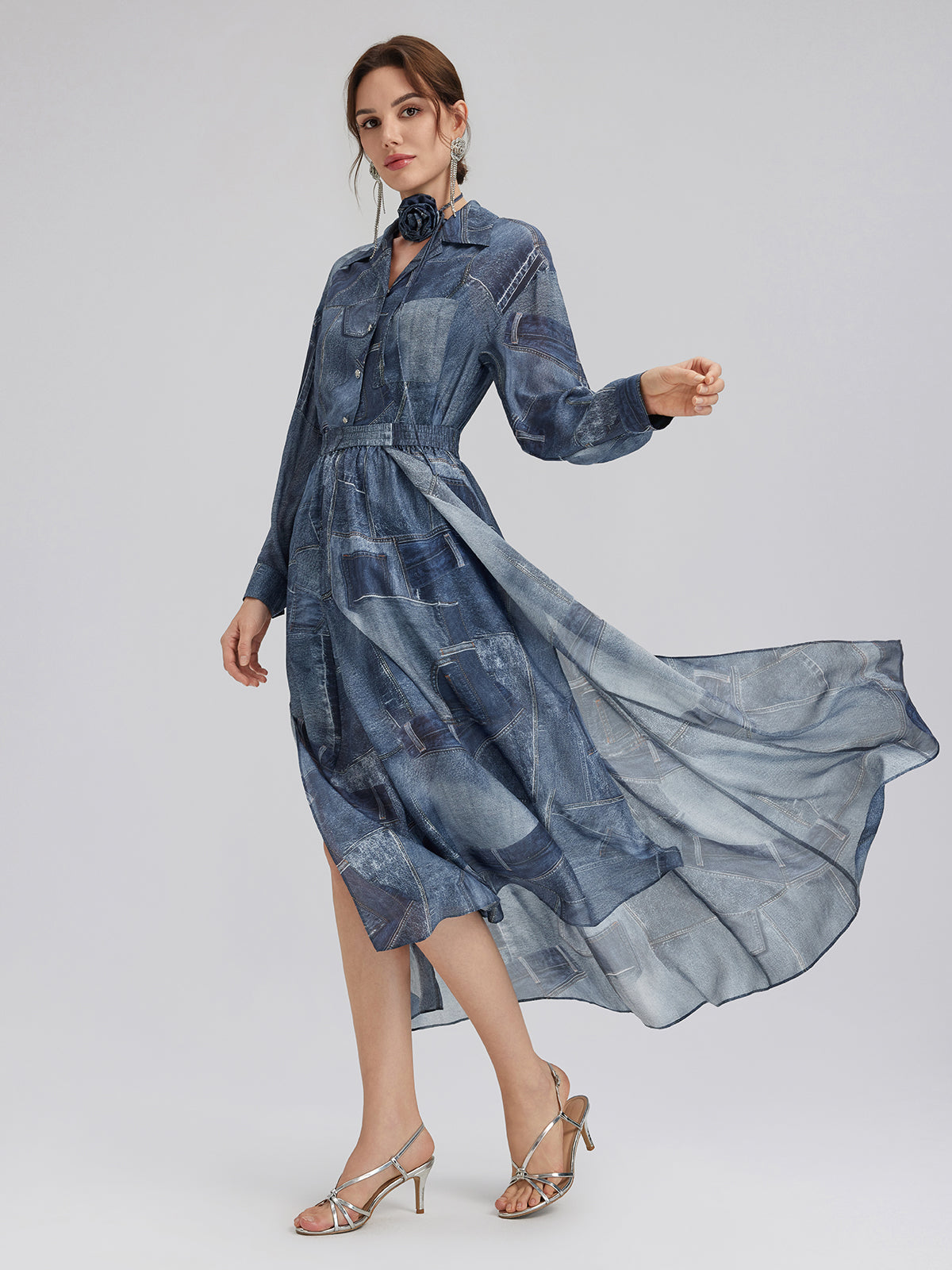 Silk Chiffon Denim-Print Shirt