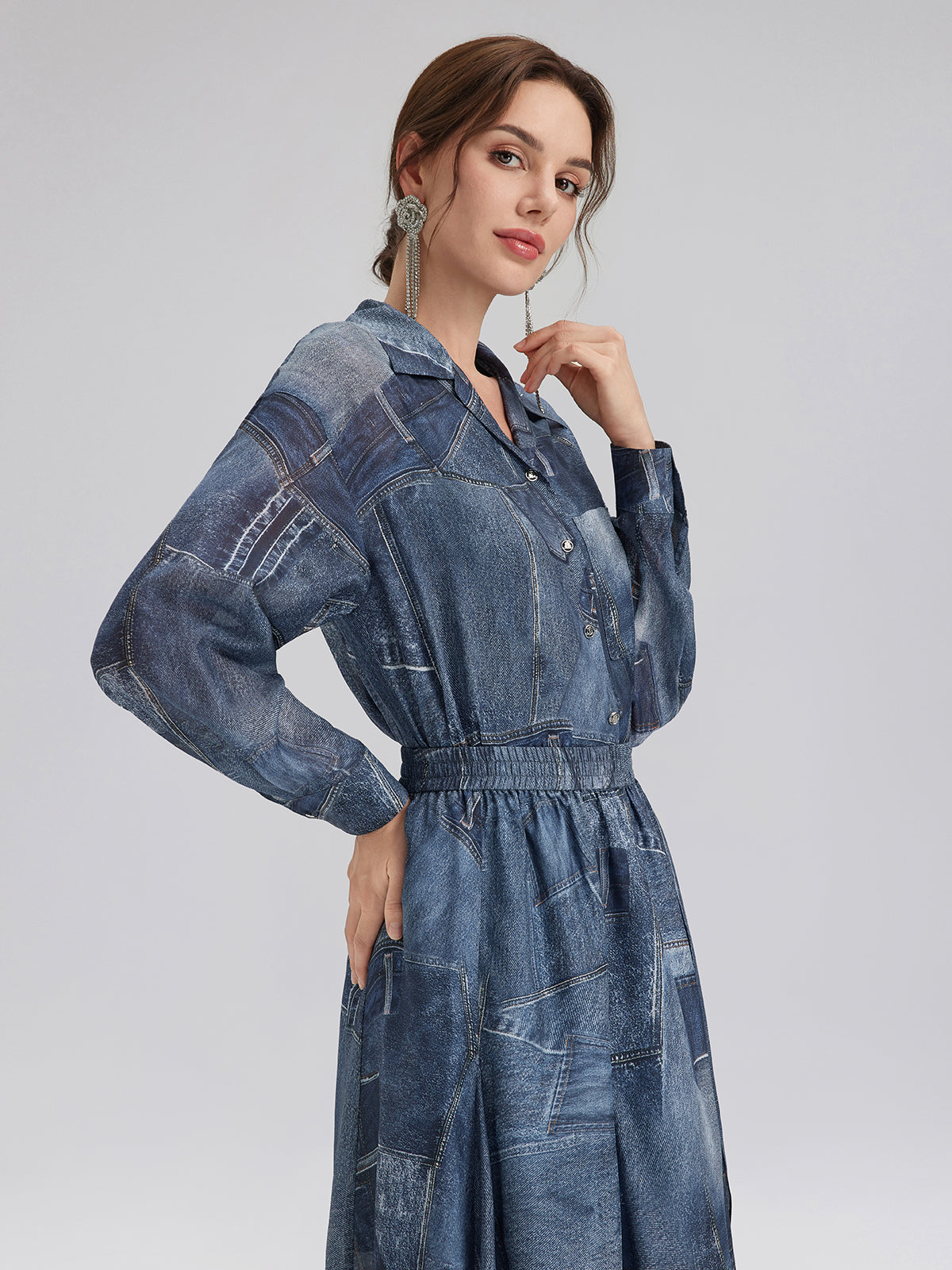 Silk Chiffon Denim-Print Shirt