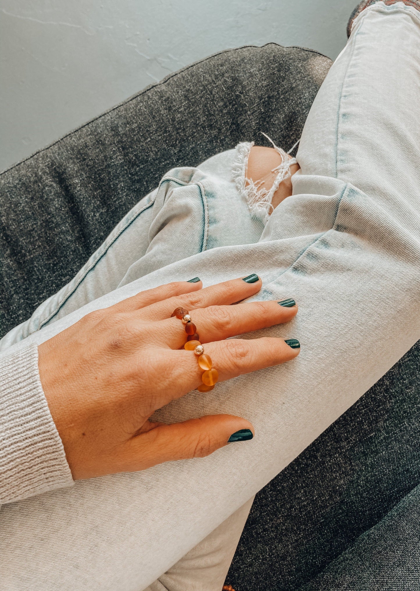 Raw Honey Baltic Amber + 14K Gold Filled || Beaded Stretch Ring
