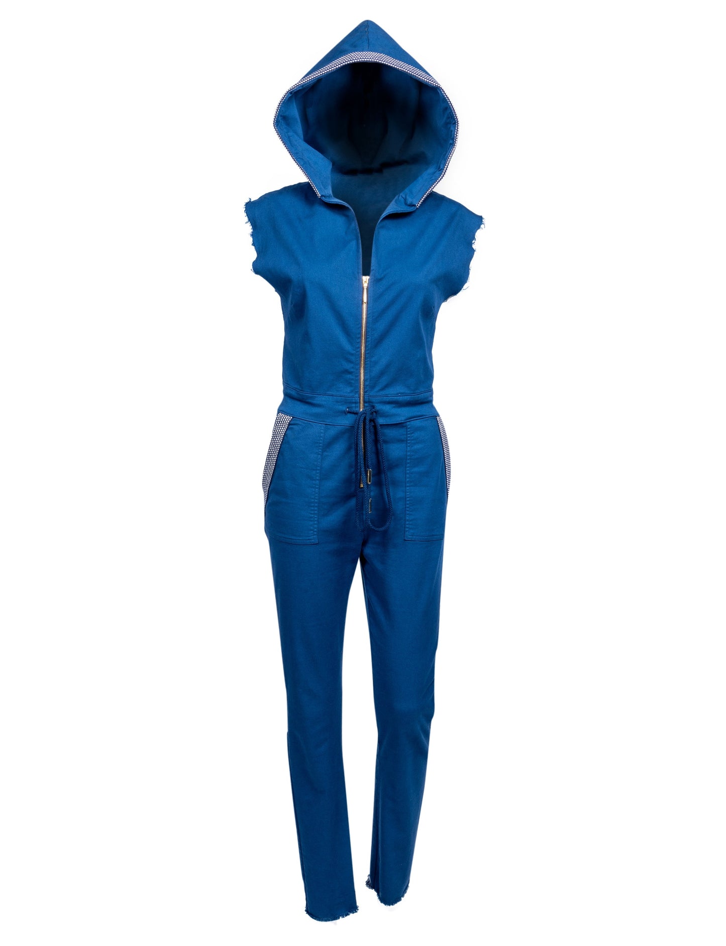 The Carly Hooded Denim Jumpsuit in Poseidon Blue