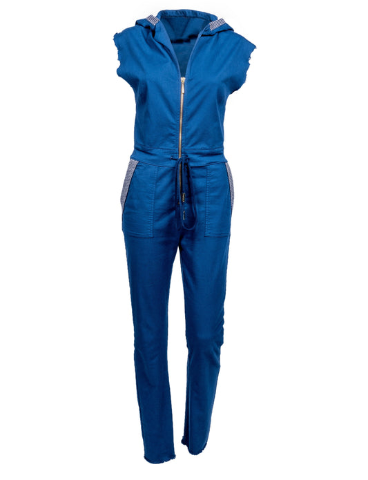 The Carly Hooded Denim Jumpsuit in Poseidon Blue