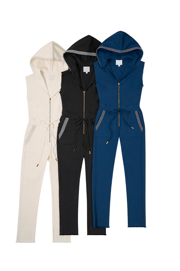 The Carly Hooded Denim Jumpsuit in Poseidon Blue
