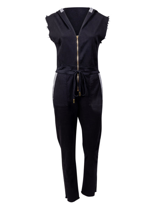 The Carly Hooded Denim Jumpsuit in Black