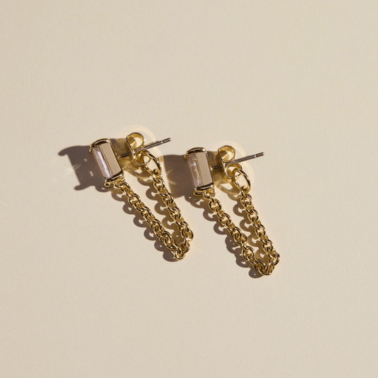 Pink Baguette Chain Drop Studs