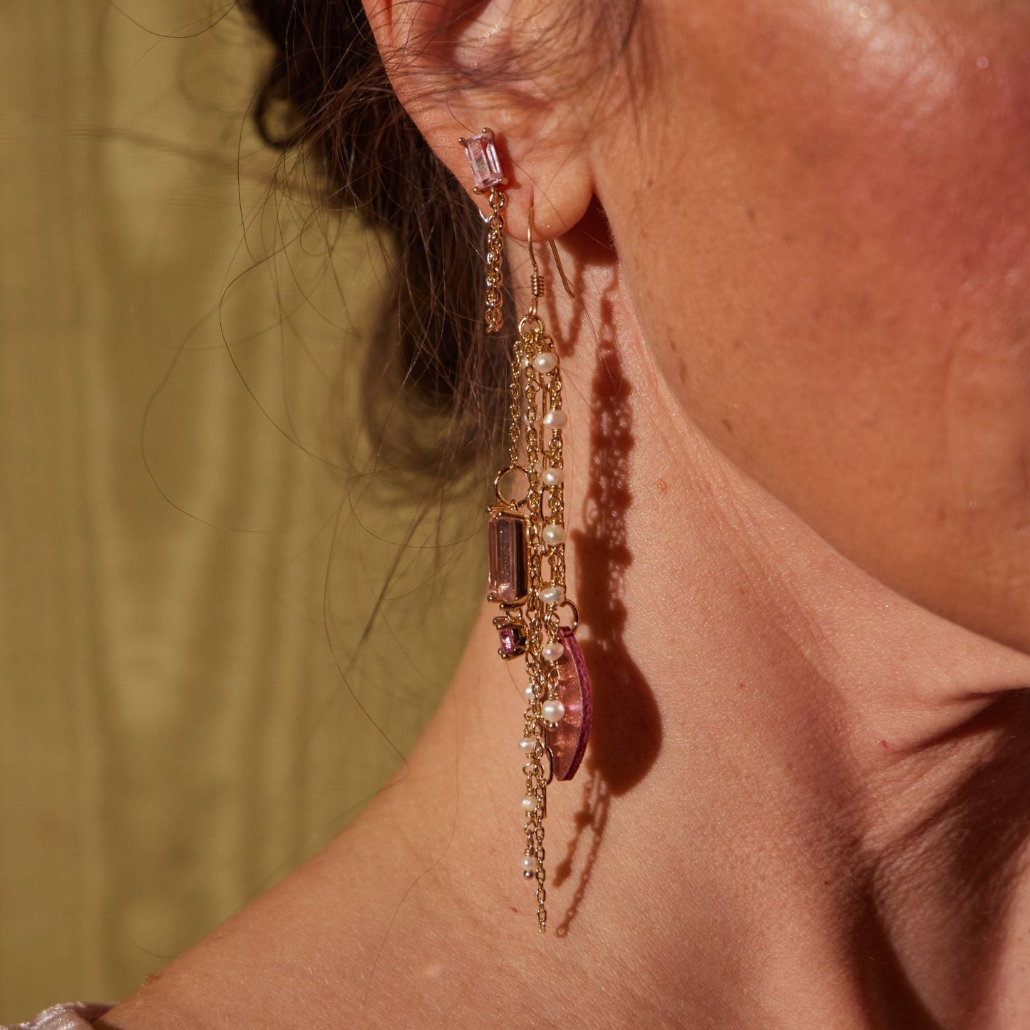 Pink Baguette Chain Drop Studs