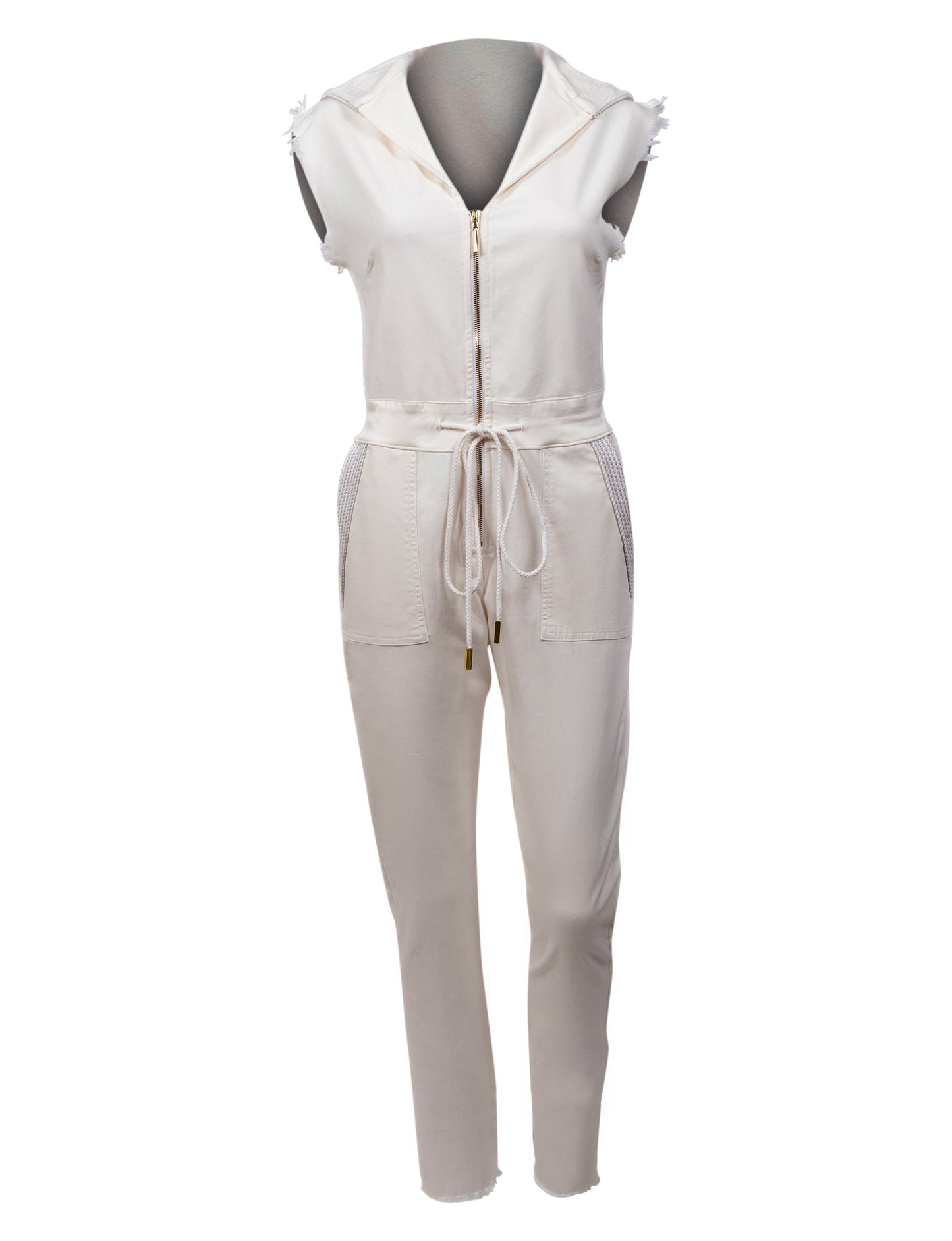 The Carly Hooded Denim Jumpsuit in White