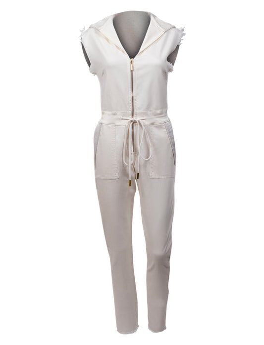 The Carly Hooded Denim Jumpsuit in White